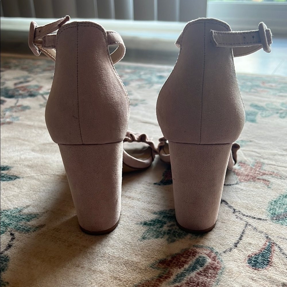 Pink Suede Heels with Ruffled Toe Strap - Picture 11 of 12
